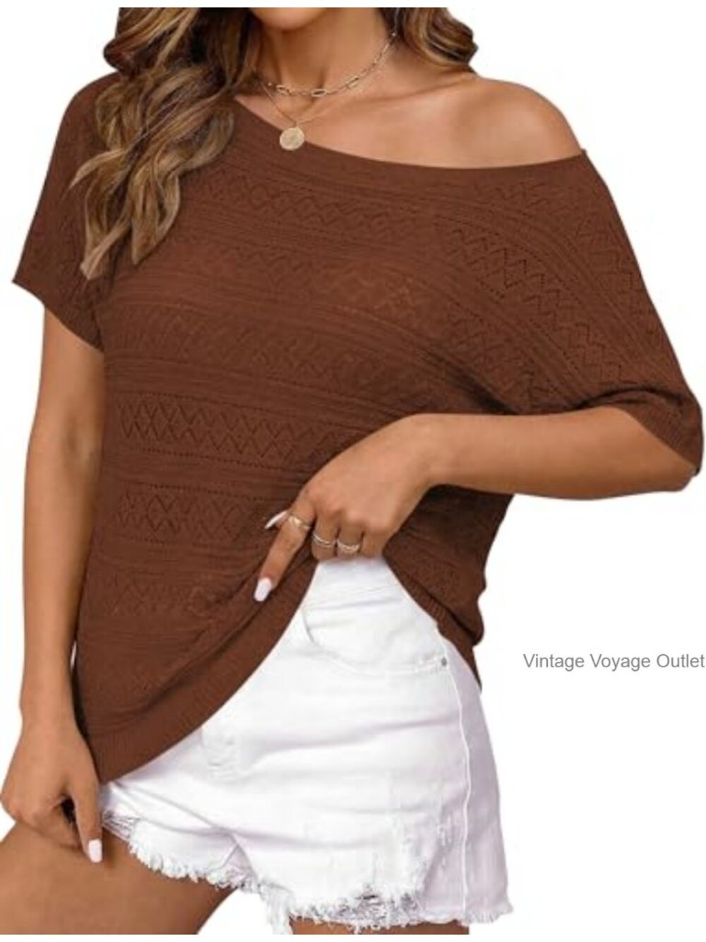 Crochet Off Shoulder Short Sleeve Knit Top Sweater